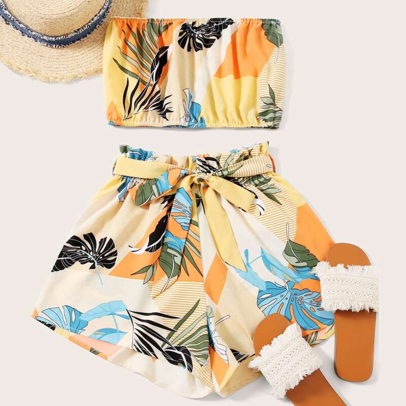 

Plants Print Tube Top & Paperbag Shorts, Multicolor