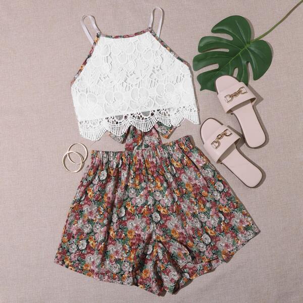 

Tie Back Contrast Lace Cami Top & Floral Shorts, Multicolor