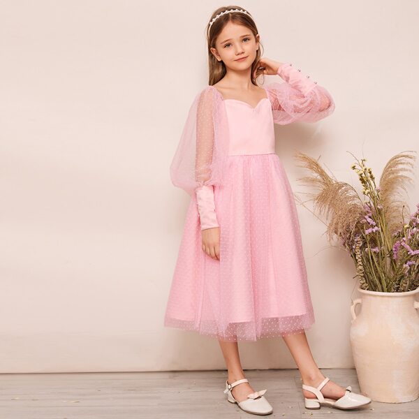 

Girls Lantern Sleeve Dobby Mesh Dress, Pink