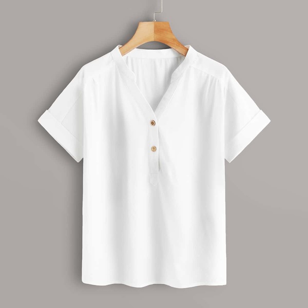 

Notch Neck Button Front Blouse, White
