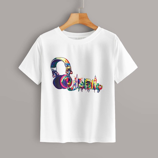 

Headset Print Round Neck Tee, White