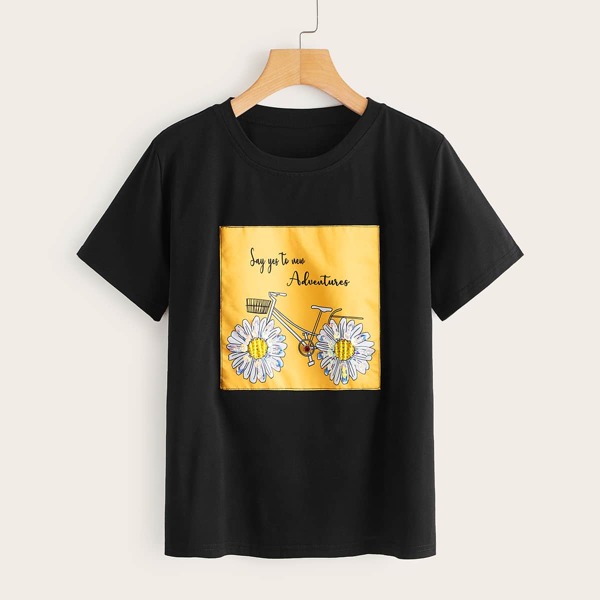 

Floral & Slogan Graphic Tee, Black