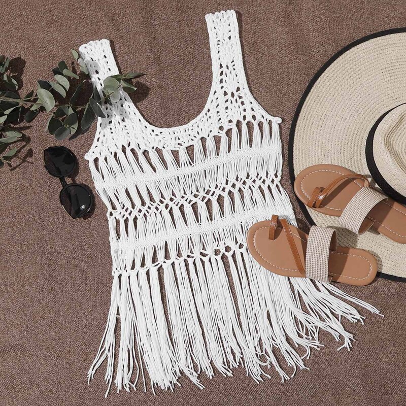 

Macrame Fringe Tie Back Crochet Cover Up Top Without Bra, White