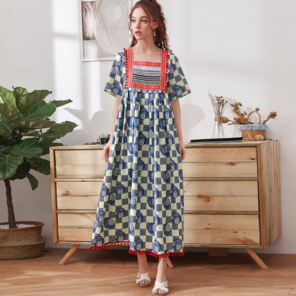 

Embroidery Tape Pompom Trim Tribal Print Dress, Multicolor