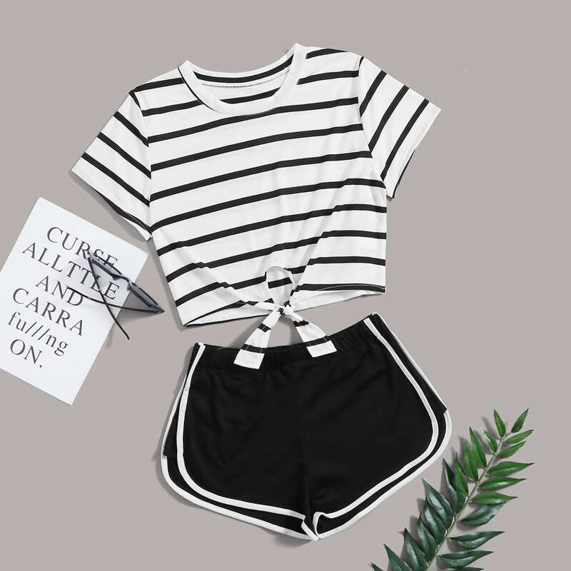 

Striped Knot Hem Tee With Track Shorts, Black and white