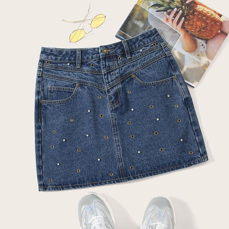 

Rhinestone Grommet Eyelet Detail Denim Skirt, Navy blue