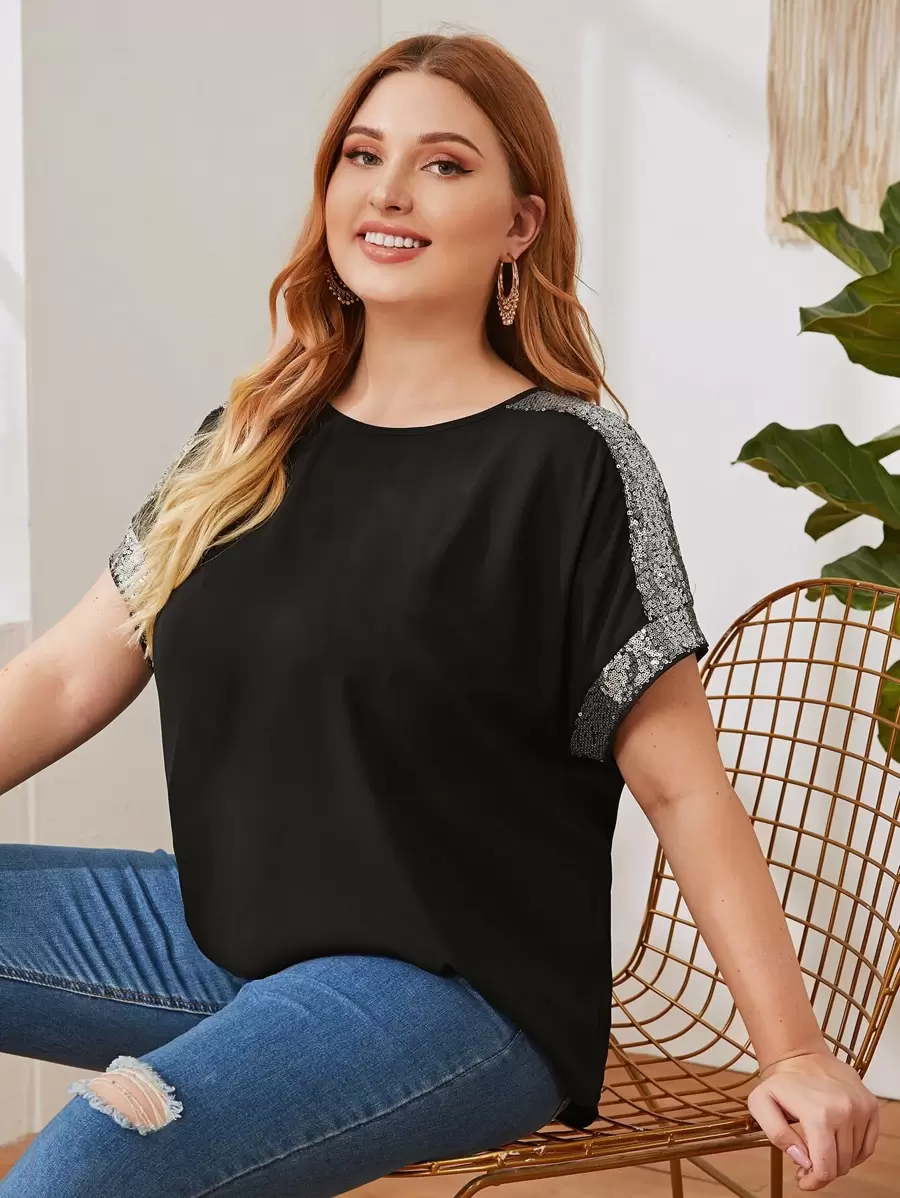 SHEIN LUNE Plus Contrast Sequin Detail Curved Hem Top - Black - View 1