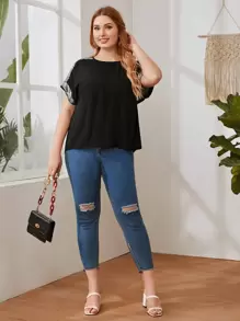 SHEIN LUNE Plus Contrast Sequin Detail Curved Hem Top - Black - View 3