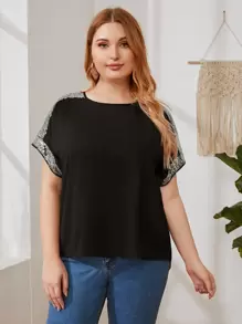 SHEIN LUNE Plus Contrast Sequin Detail Curved Hem Top - Black - View 4