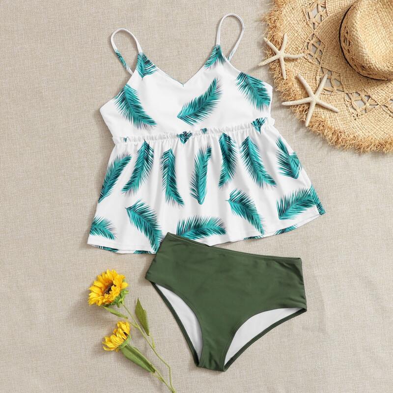 

Palm Print High Waisted Bikini Swimsuit, Multicolor
