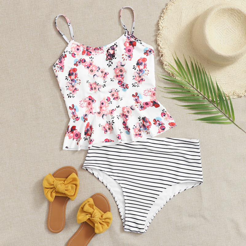 

Floral & Striped Ruffle Hem Bikini Swimsuit, Multicolor