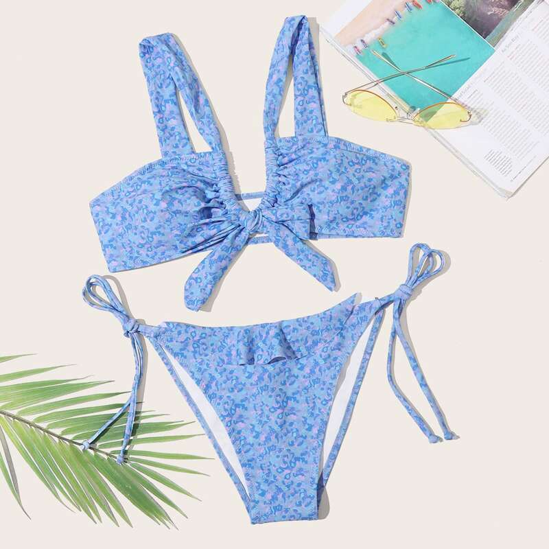 

Allover Graphic Knot Front Tie Side Bikini Swimsuit, Blue