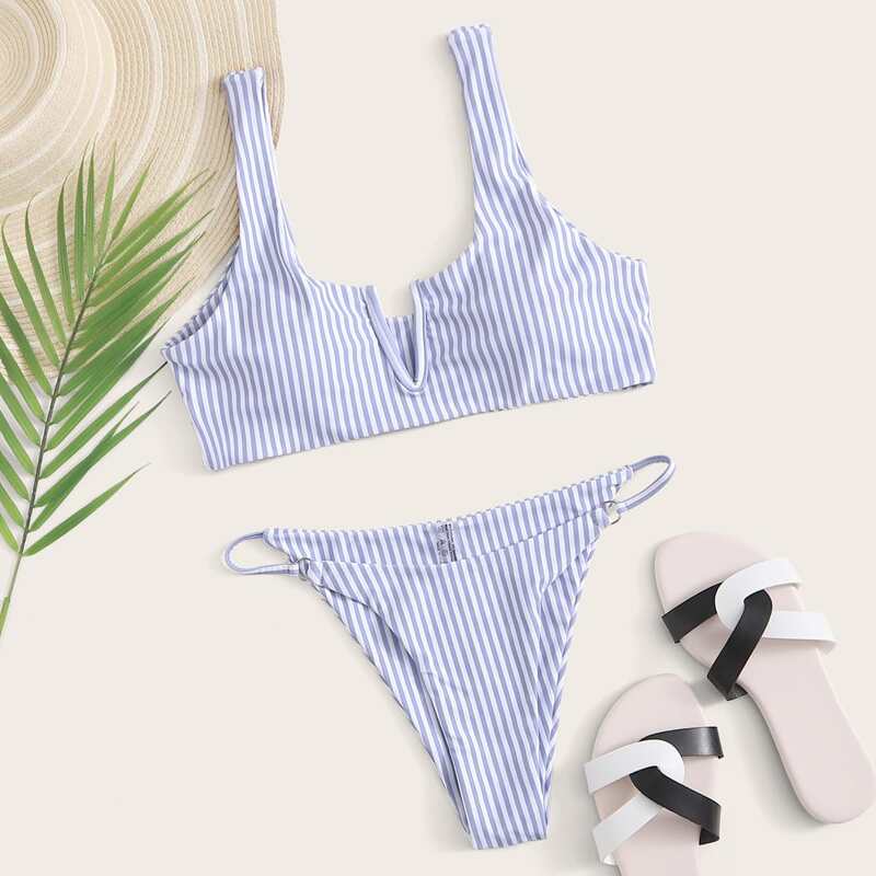 

Striped V Wired Tanga Bikini Swimsuit, Blue