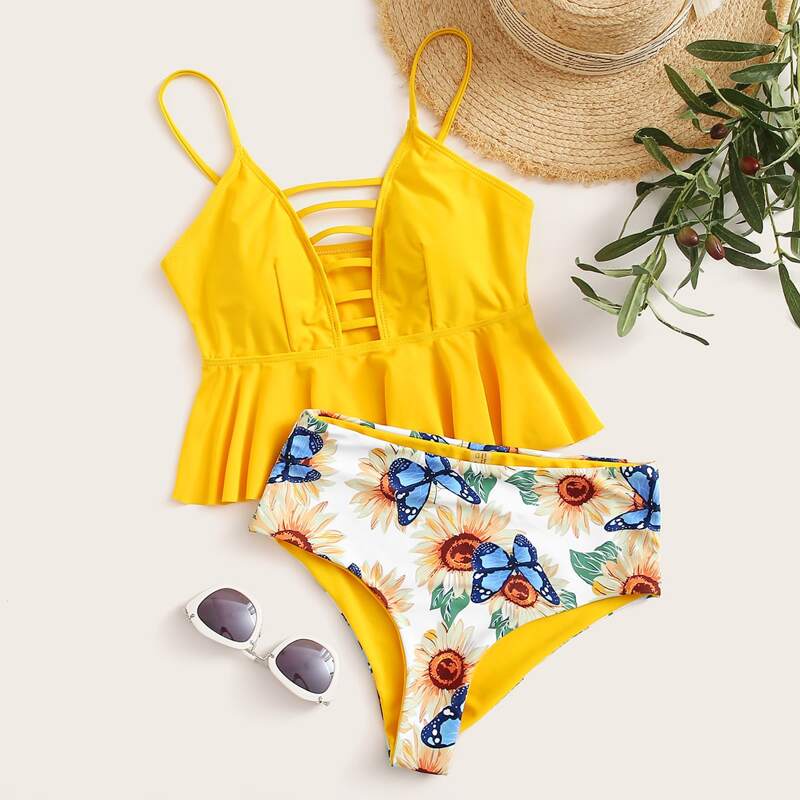 

Sunflower Print Ladder Cut-out Bikini Swimsuit, Multicolor