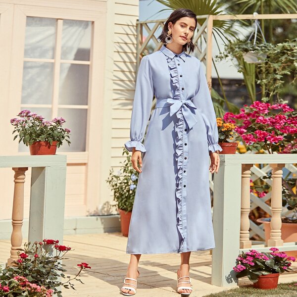 

Solid Ruffle Trim Button Up Belted Shirt Dress, Blue