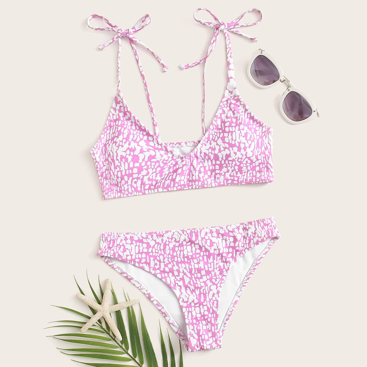 

Allover Print Tie Shoulder Bikini Swimsuit, Pink