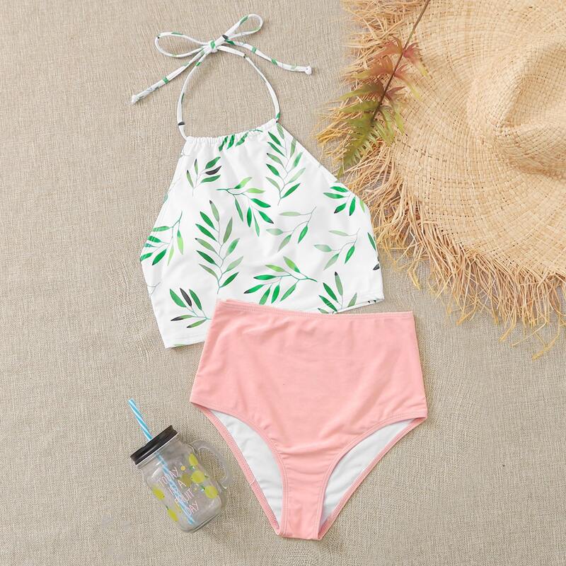 

Leaf Print High Waisted Bikini Swimsuit, Multicolor