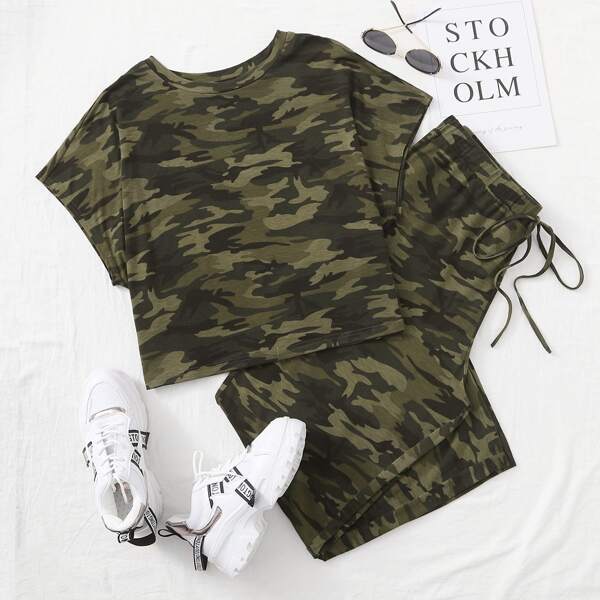 

Plus Batwing Sleeve Camo Top & Pants Set, Multicolor