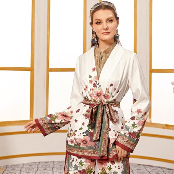 

Shawl Collar Self Belted Floral Print Coat, Multicolor