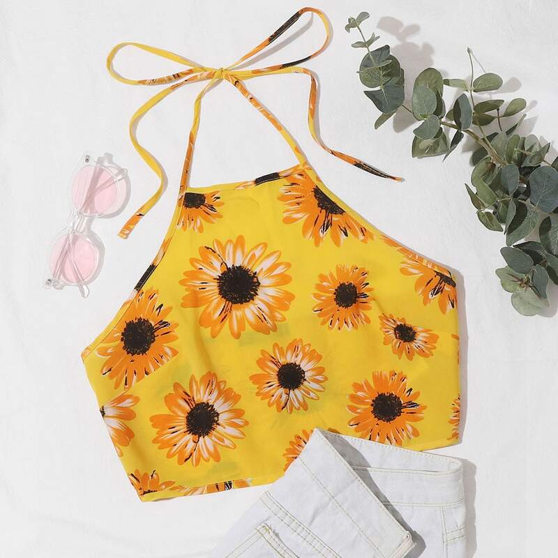 

Sunflower Print Crop Chiffon Halter Top, Yellow