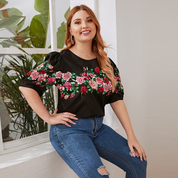 

Plus Puff Sleeve Floral Print Top, Black