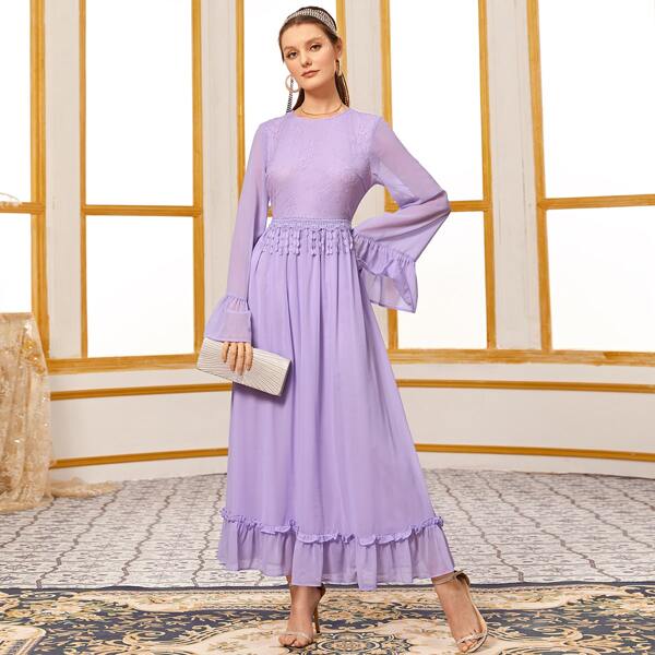 

Appliques Guipure Lace Fringe Ruffle Hem Chiffon Dress, Pastel lilac purple