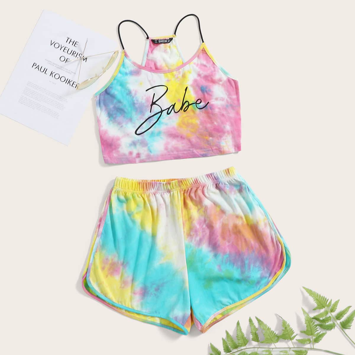 

Letter Graphic Tie Dye Top and Dolphin Shorts Set, Multicolor