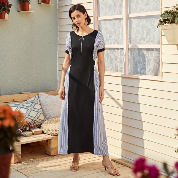 

Striped Panel O-ring Zip Longline Dress, Black
