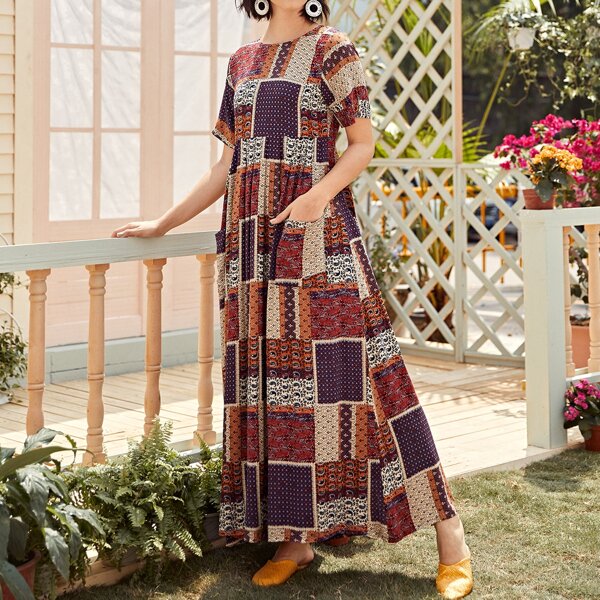 

Patchwork Dual Pocket Maxi Dress, Multicolor