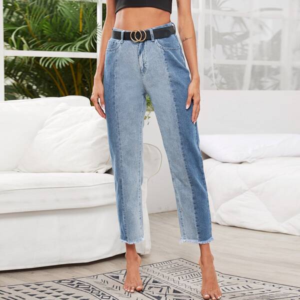 

Light Wash High-Waisted Two Tone Jeans Without Belt, Blue
