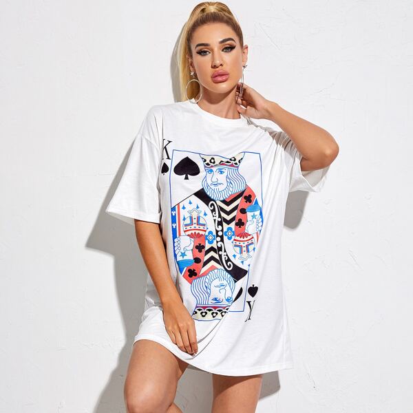 

Drop Shoulder Playing Cards Print Top, White