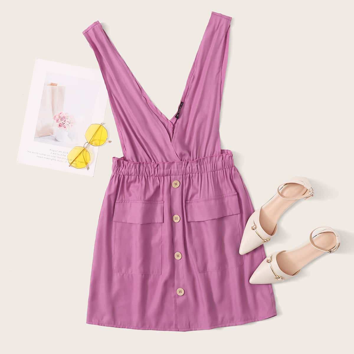 

Button Front Pocket Detail Suspender Dress, Pink