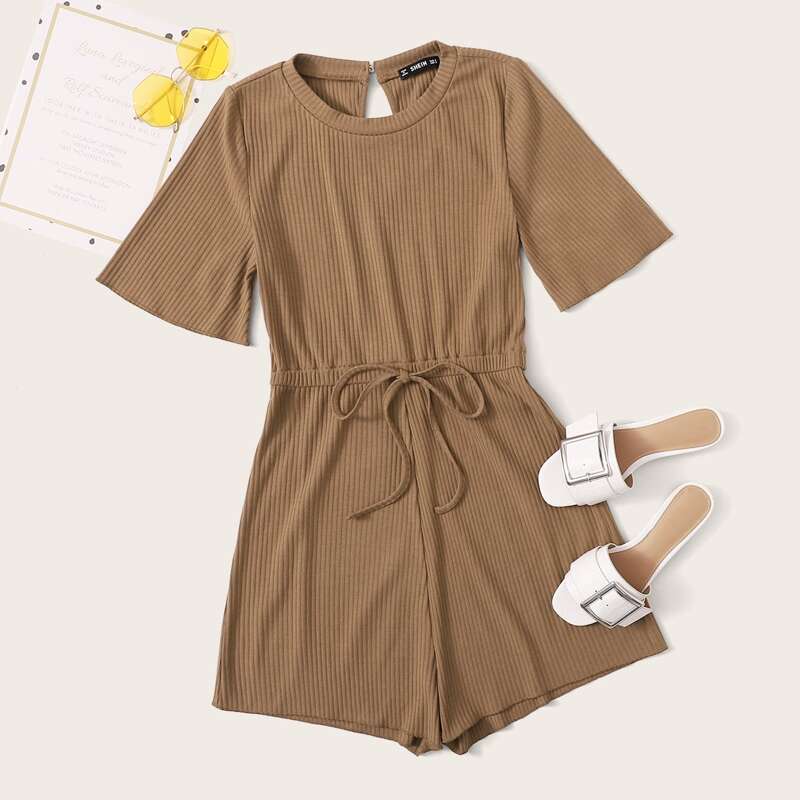 

Keyhole Back Tie Front Romper, Camel