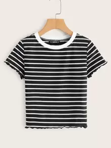 SHEIN EZwear Lettuce Edge Striped Rib-knit Tee - Black - View 1