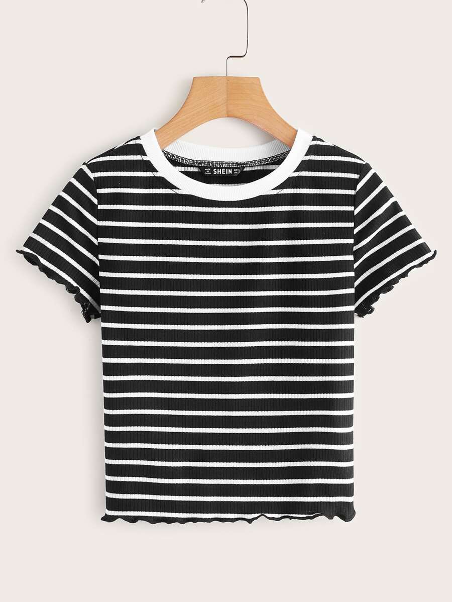 SHEIN EZwear Lettuce Edge Striped Rib-knit Tee - Black - View 1
