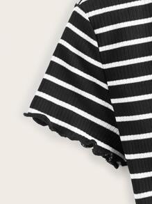 SHEIN EZwear Lettuce Edge Striped Rib-knit Tee - Black - View 3