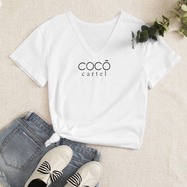 

Letter Graphic V Neck Tee, White