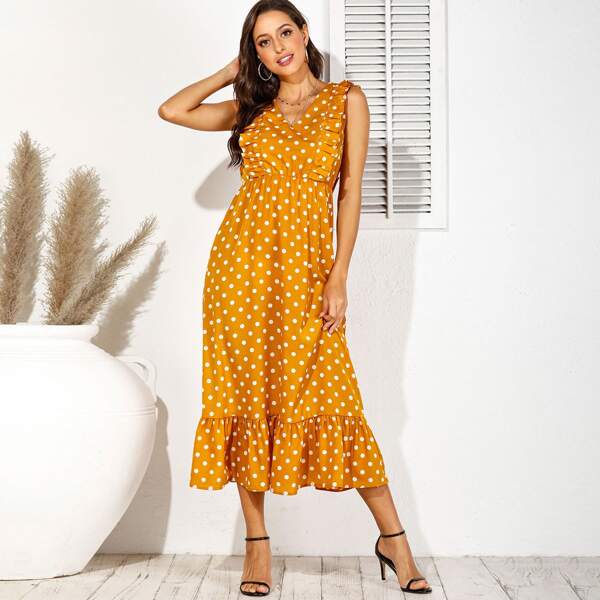 

Polka Dot Ruffle Trim Flounce Hem A-Line Long Dress, Yellow