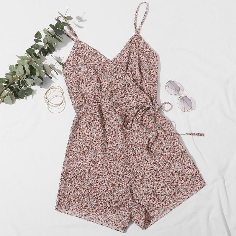 

Wrap Knot Ditsy Floral Cami Romper, Multicolor