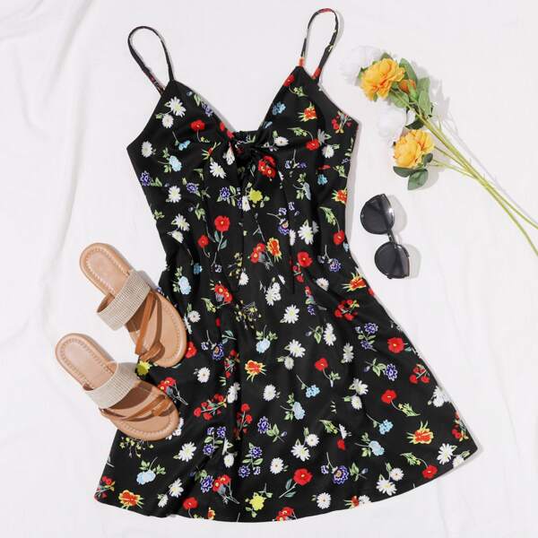 

Tie Front Floral Print Cami Dress, Black