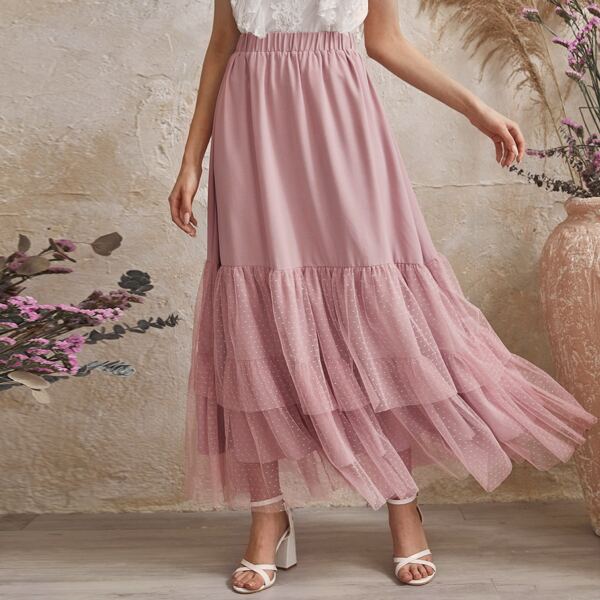 

Swiss Dot Mesh Hem Skirt, Pink
