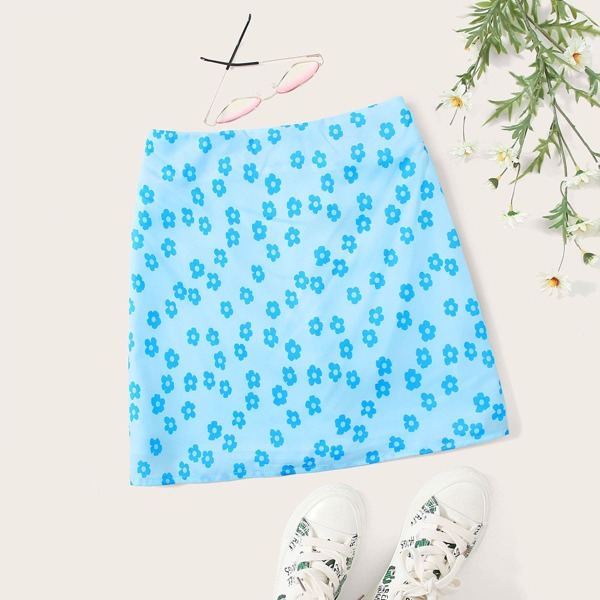 

Zip Back Floral Print Skirt, Blue