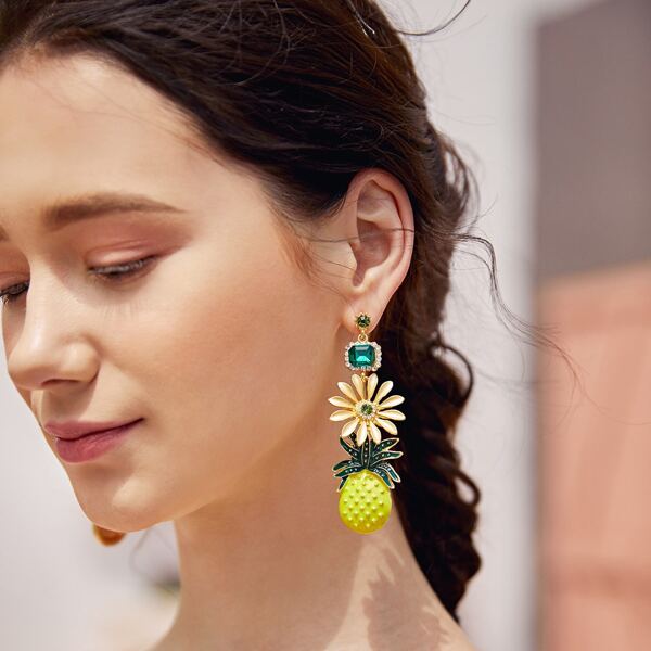 

1pair Rhinestone Decor Daisy & Pineapple Drop Earrings, Yellow