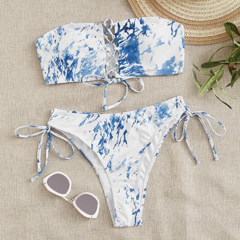 

Tie Dye Lace-up Bandeau Tie Side Bikini Swimsuit, Multicolor