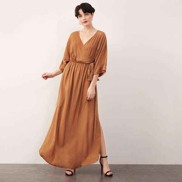 

Surplice Neck Knotted Split Maxi Dress, Brown