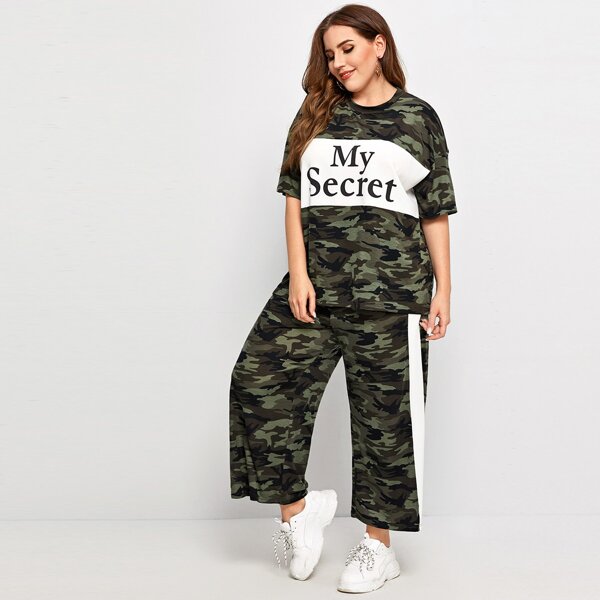 

Plus Drop Shoulder Slogan Graphic Camo Top & Palazzo Pants Set, Multicolor