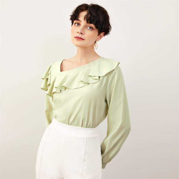 

Solid Ruffle Trim Symmetrical Neck Blouse, Green pastel