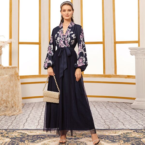 

Shawl Collar Floral Print Lantern Sleeve Mesh Overlay Dress, Navy blue