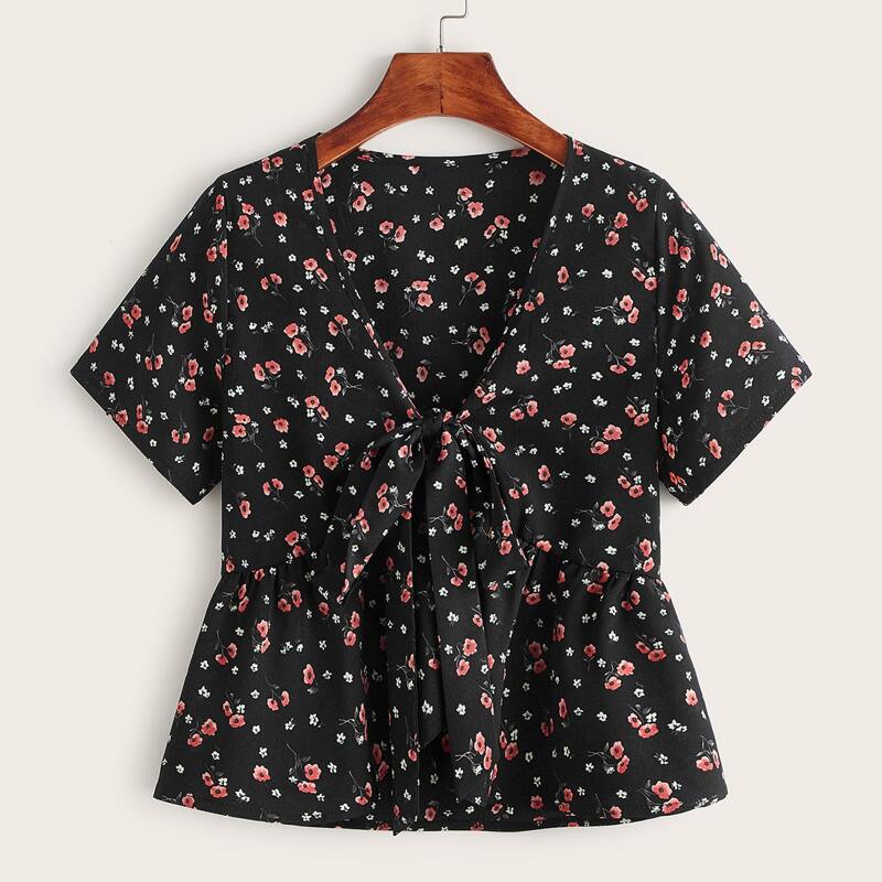 

Ditsy Floral Tie Front Top, Black