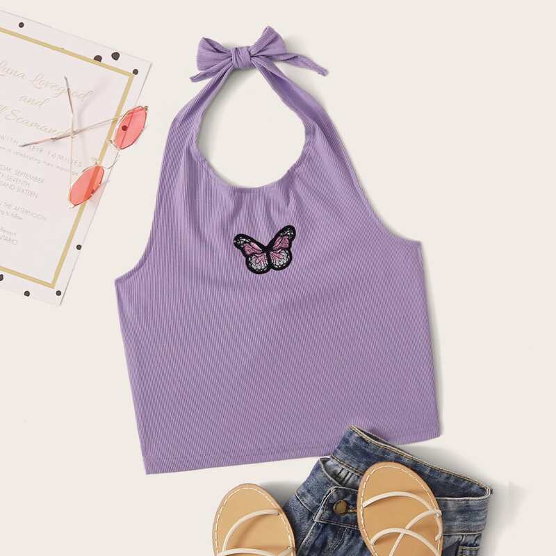 

Butterfly Embroidery Purple Halter Top